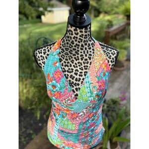 Into The Bleu Halter Tankini Top Swim Tropical Floral Beach Size 10 New